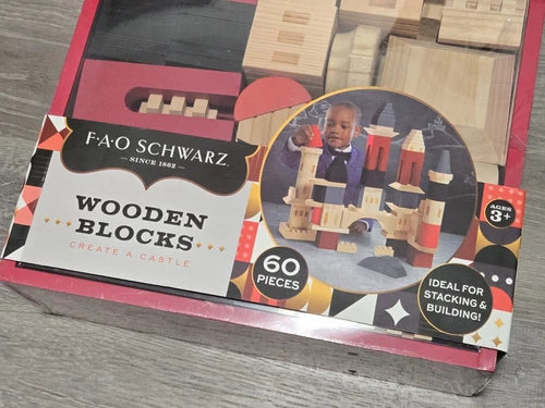 FAO Schwarz Solid Natural Wooden Blocks Wood Create a Castle 60 Pieces - New