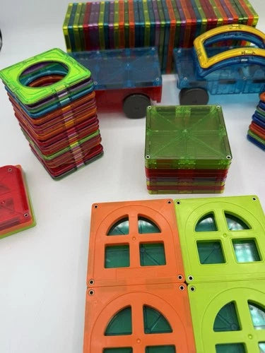 Large Magnetic Building Tiles Lot Squares Triangles Windows Cars Excellent