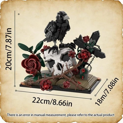 Gothic Raven Skull Rose Building Set - 998pcs Skull Decor with Flowers & Cros...