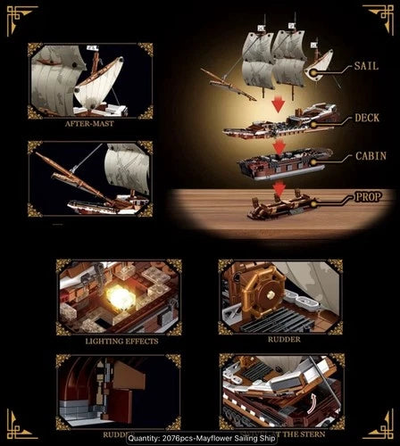 TYCOLE Mayflower Pirate Ship Building Set with LED Lights 2076 Pcs Model T2147