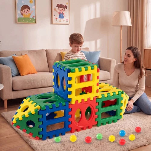 32-Piece Oversized Waffle Block Set w/ 10 Ocean Balls, Grid Building Toys