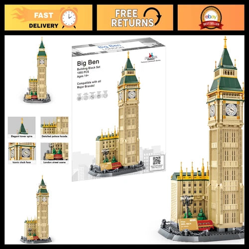 London Clock Tower Model Kit - Big Ben Building Block Set, 1,095 Pieces, STEM To