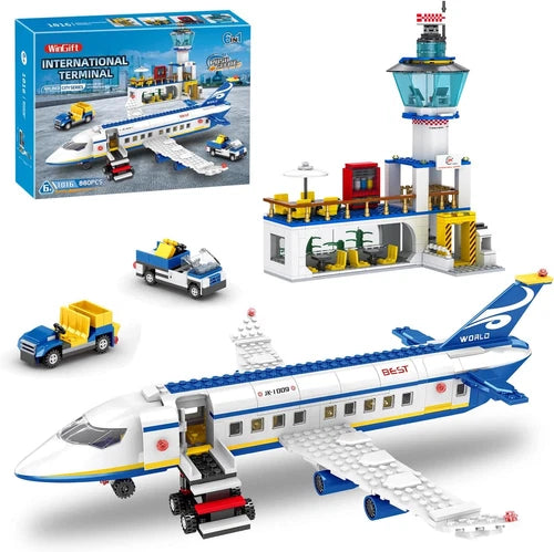 880 Pcs City Airport Passenger Terminal Building Set, 6 IN 1 Airplane Building