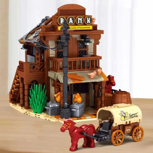 MOC Cowboy City Bank Modular Building Blocks set toys gift 1299 pcs with light