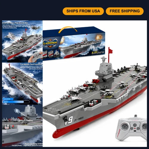 16" Remote Control RC Boat with Water Spray, Dual-Motor Military Ship, 15mph, 2