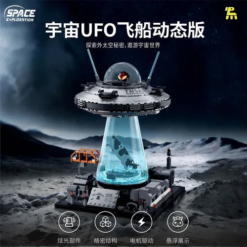 UFO Cow Abduction Spaceship Building Blocks Motorized LED Light Sci-Fi Model Kit