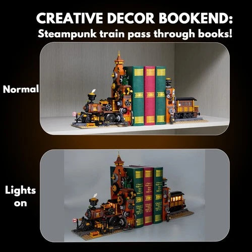 Steampunk Train Bookend Building Block Set, 1252pcs Creative Bricks with Light M
