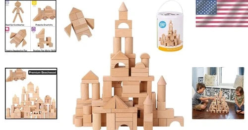 Pidoko 100 Pcs Wooden Building Blocks - Educational and Safe for Toddlers