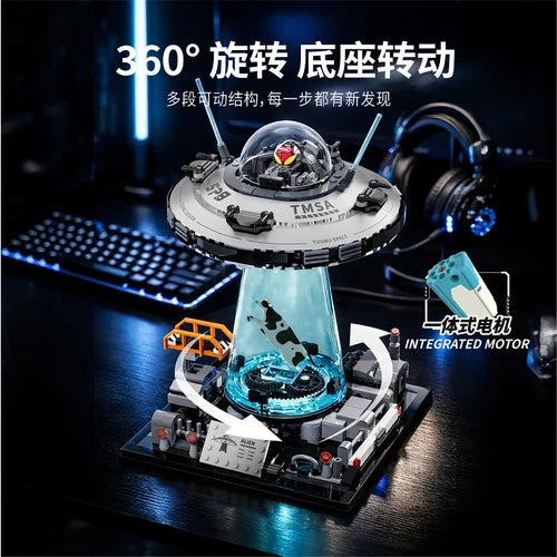 UFO Cow Abduction Spaceship Building Blocks Motorized LED Light Sci-Fi Model Kit