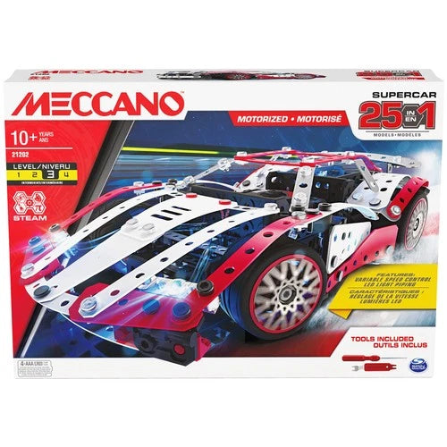 25-in-1 Motorized Supercar Model Building Kit with 347 Parts, Real Tools