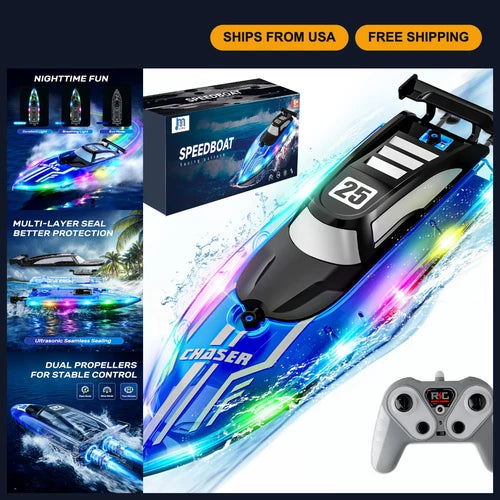 Remote Control Boat for Kids - RC Pool & Lake Toy with LED Lights, Waterproof Fu