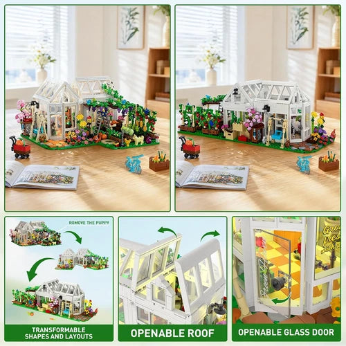Flower House Building Set with LED Light, Botanical Greenhouse Garden Building
