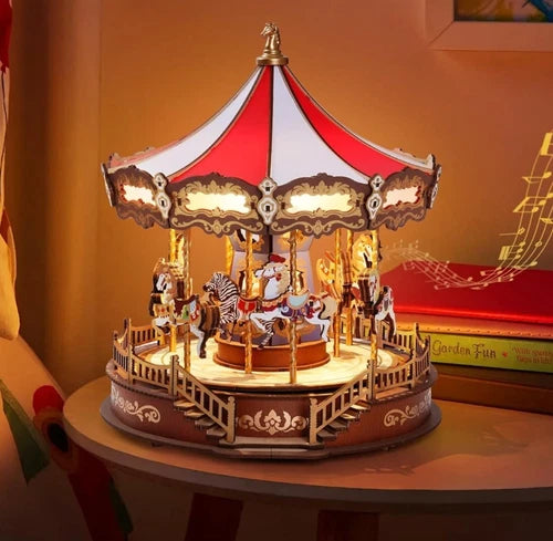 Rolife Carousel Music Box LED DIY 3D Wooden Puzzle Model Building Kit Xmas Gifts