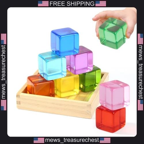 Toddler Building Blocks Set with Rainbow Acrylic Cubes and Storage Box