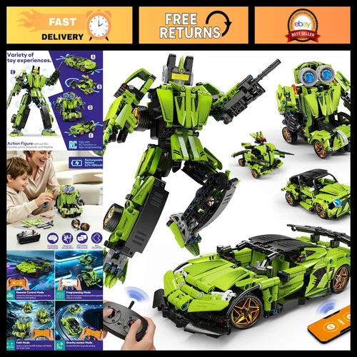 5-in-1 STEM Building Blocks Kit - RC Sports Car & Transforming Robot Toy