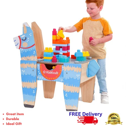 KidKraft Llama Pinata Wooden Building Bricks Table with 50 Blocks Play Activity