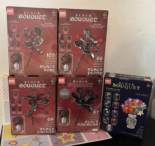 Block Tech Block Bouquet, Black Rose,Peony,Hibiscus, Orchid, & Crystal Vase NIB