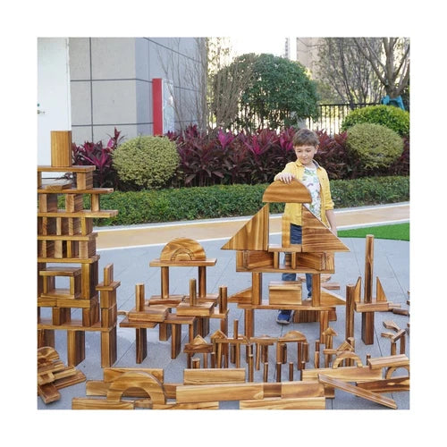 Large Vintage Solid Carbonized Wooden Building Blocks Set for Kids 3-12 Outdo...