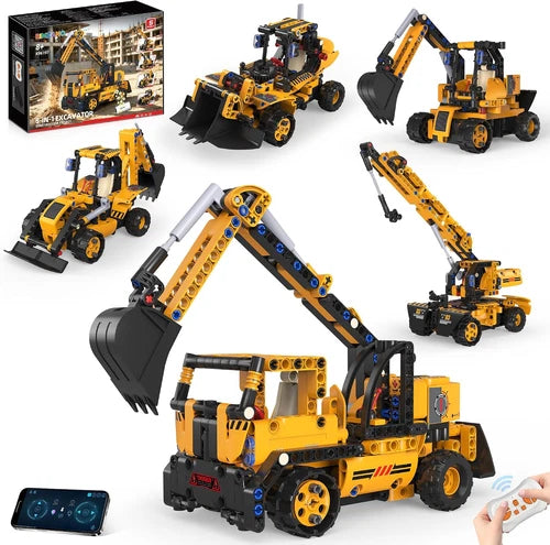 5-in-1 STEM Robot Building Set Remote Control Excavator Toys with APP