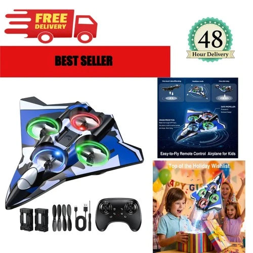 Faxcity RC Plane LED Fighter Jet Stunt Flying Toy for Kids Ages 8-16 Blue