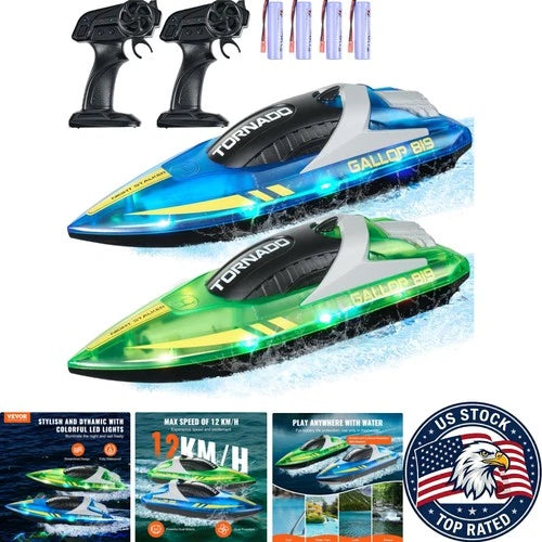 Exciting 2-Pack Waterproof RC Boats with LED Lights & 4 Rechargeable Batteries