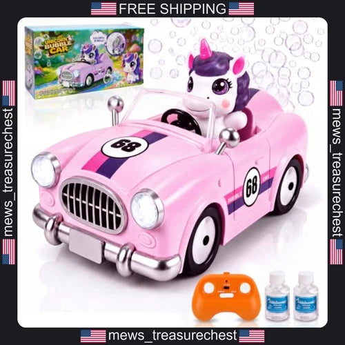 Unicorn RC Car with Bubble Machine for Kids 2.4GHz Remote Lights Pink