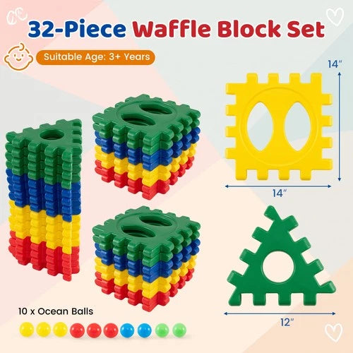 32-Piece Oversized Waffle Block Set w/ 10 Ocean Balls, Grid Building Toys