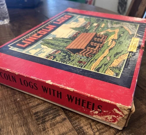 Original Lincoln Logs 56 Piece Log Cabin Set No.1 W/Wheels & Original Box 1923