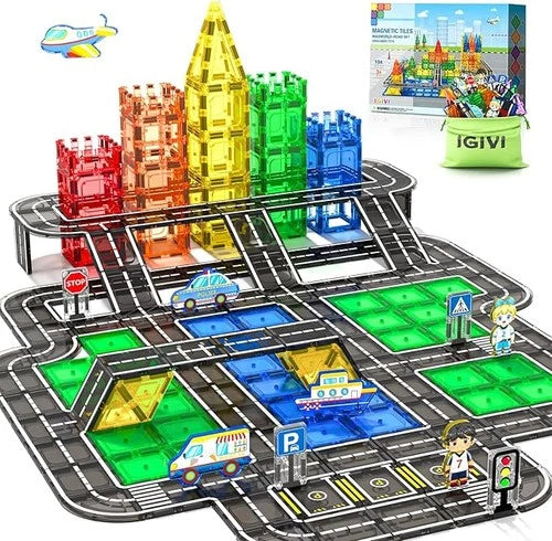 Magnetic Tiles Road Set 104 PCS STEM Building Blocks Toddler IGIVI K 3-5 5-7 4-8