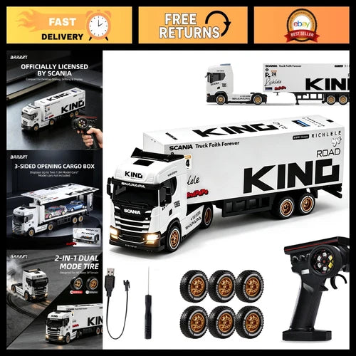 1/64 Scale RC Drift Semi Truck with Trailer, 4WD Remote Control Car for Kids 4+