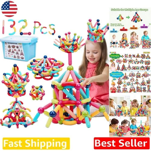 Colorful Magnetic Toy: 132pc STEM Building Blocks for Kids Ages 3-12, Gift Idea