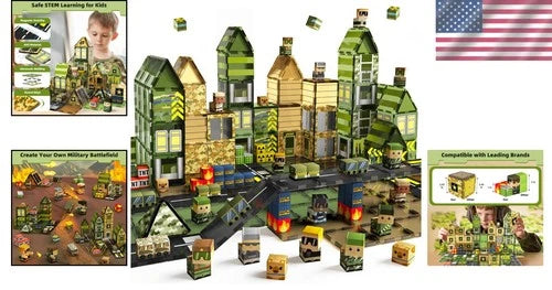 STEM Magnetic Tiles 100PC Army Base Building Blocks Kids Educational Gift