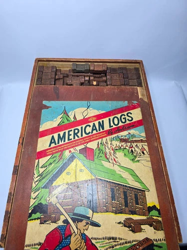​Vintage Halsam American Logs Wooden Toy Set Lot 176 Pcs Box Slide Cover 1940s