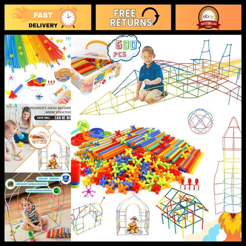 600Pcs STEM Building Toy Set - Interlocking Straw Constructor Blocks for Kids 3-