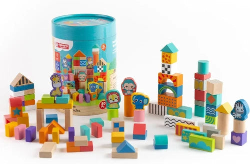 Build & Imagine Wooden Blocks \| 80-Piece Educational Building Set with Animal &