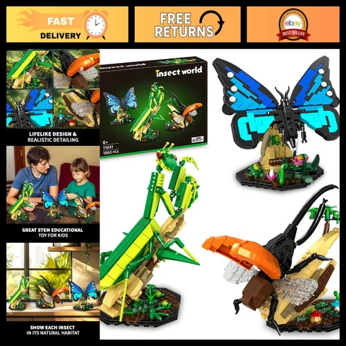Insect Collection Building Toy Set - Life-Size Butterfly, Mantis & Beetle Models