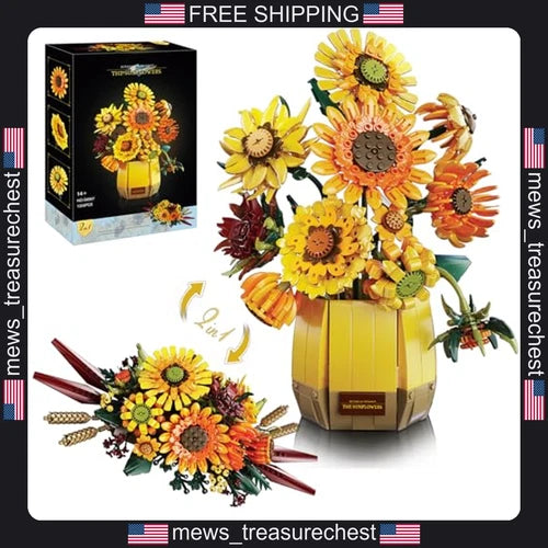 Sunflower Building Blocks Set for Adults, 1328 Pieces, DIY Flower Bouquet