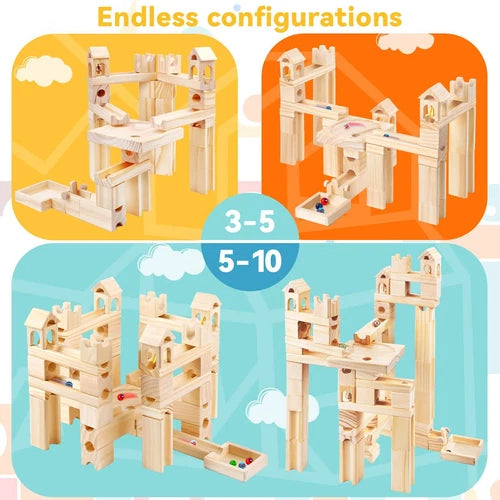 Wooden Marble Run for Kids Ages 4-8 80 Pieces Wood Building Blocks Toys and ...