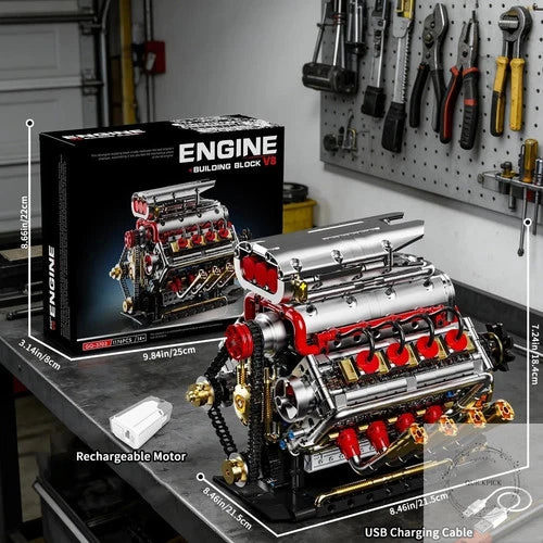V8 Engine Model Kit that Runs, 8-Cylinder Car Engine Building Set with Rechargea