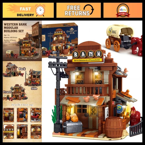 Wild West Modular Building Set - Cowboys Cabin, Horses, Wagon & LED Lights (1299