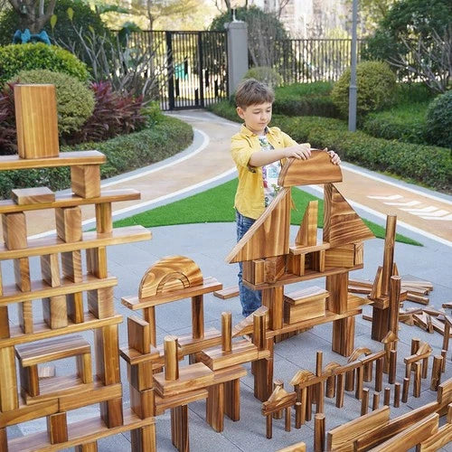 Large Vintage Solid Carbonized Wooden Building Blocks Set for Kids 3-12