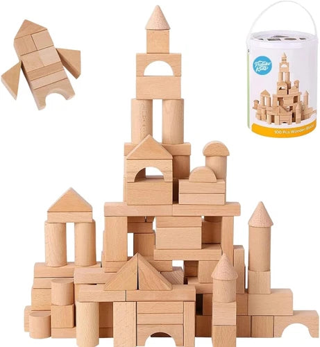 100 Pcs Wooden Blocks for Toddlers 1-3 Building Blocks for Kids