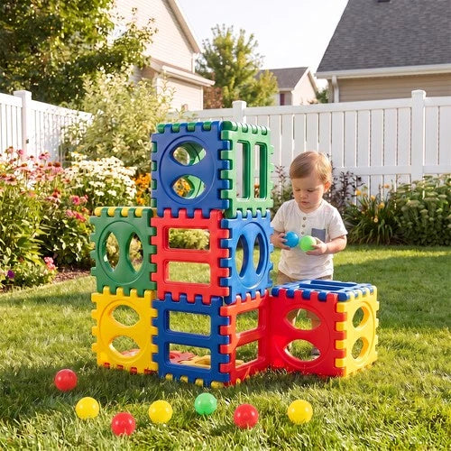 32-Piece Oversized Waffle Block Set w/ 10 Ocean Balls, Grid Building Toys