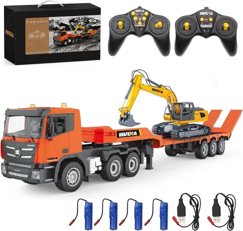RC Semi Truck & RC Excavator Set, 1:18 Scale Remote Control Flatbed Truck with D
