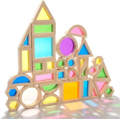 Wooden Building Blocks Set for Kids, 32 Pcs Rainbow Stacker Game