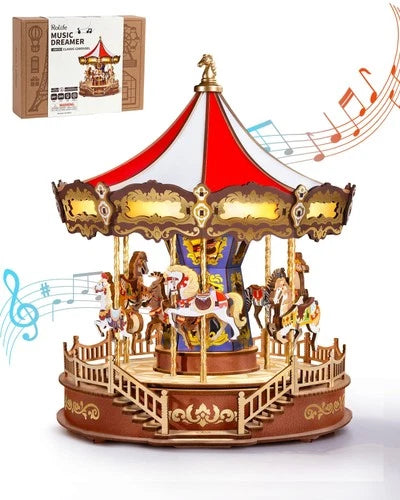 3D Wooden Puzzle Classic Carousel Music Box Model Building Kit for Adults