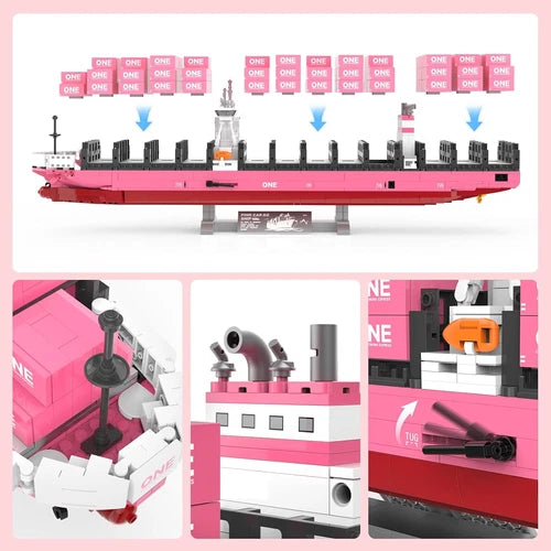 Large Cargo Ship Building Set with Pink Container for Adult Teen,1446Pcs