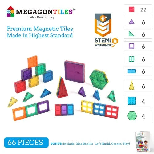 MEGAGONTILES 66PCS Magnetic Tiles Set Building Blocks Kids Ages 3-8