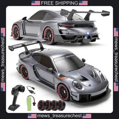 RC Drift Car with LED Lights, Spray Mist & Extra Drift Tires, 1:18 Scale
