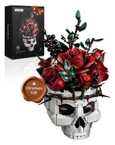 iATOM Skull Roses Flower Bouquet Building Set, Skull Planter Botanical Collec...